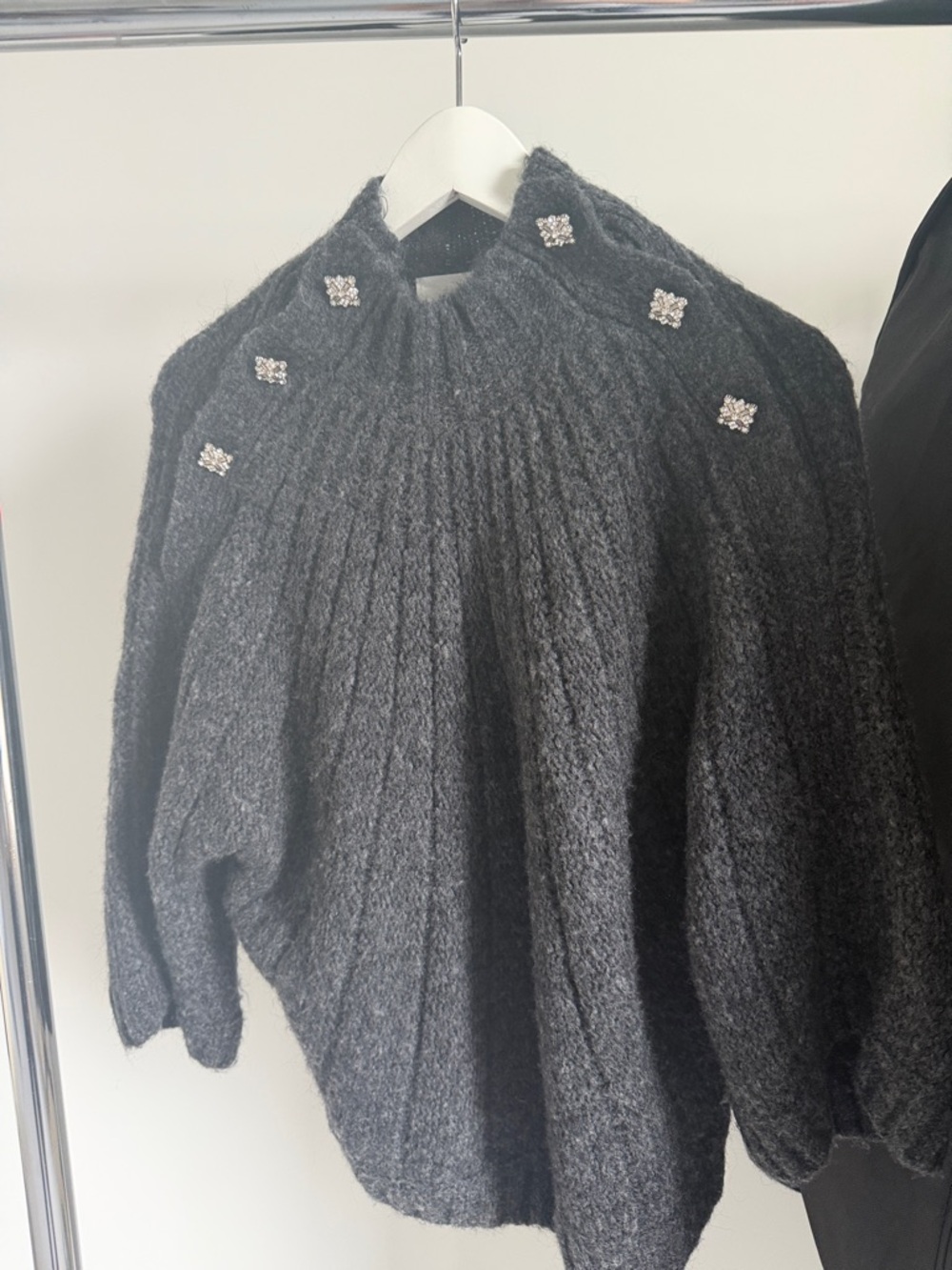 ba&sh Charcoal Ribbed Turtleneck Sweater with Crystal Accents